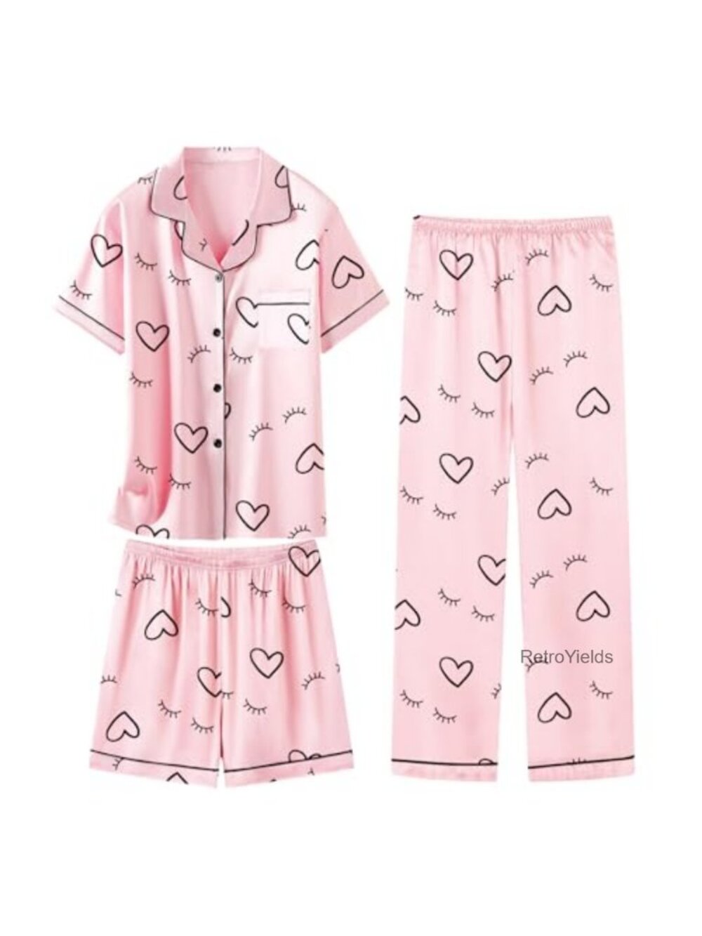 Silk Satin Girls 3 Piece Pajama Set Button Down Short Sleeve Sleepwear